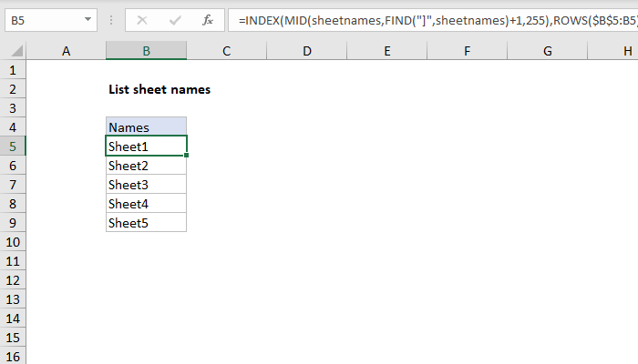 Excel Formula: List Sheet Names With Formula | Exceljet